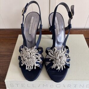 NEW Stella McCartney  Satin Black Size 38 US 8 Ankle Strap Silver Flower Heels